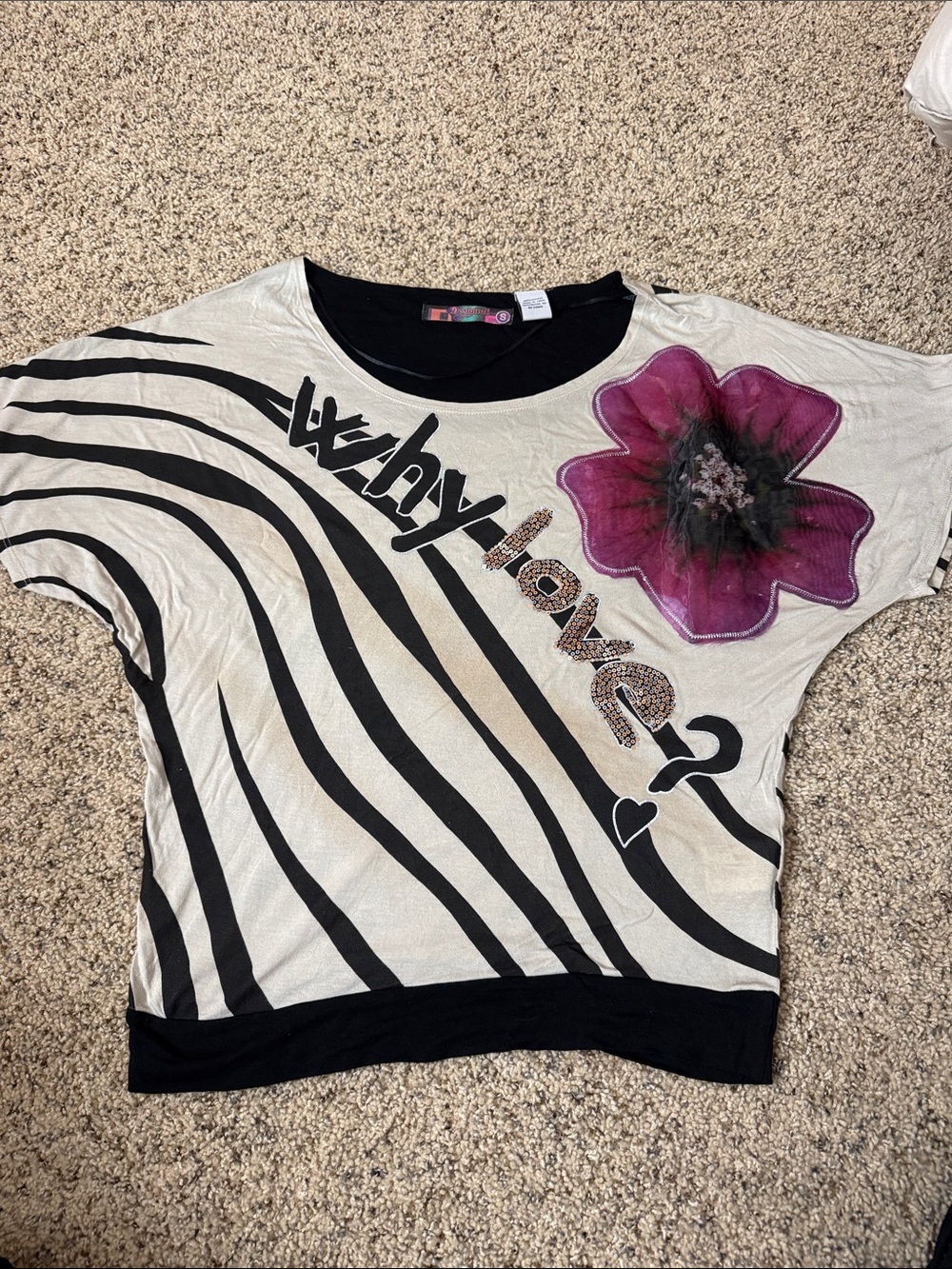 Desigual Cream Blouse with Black Wave Stripes and Purple Flower
